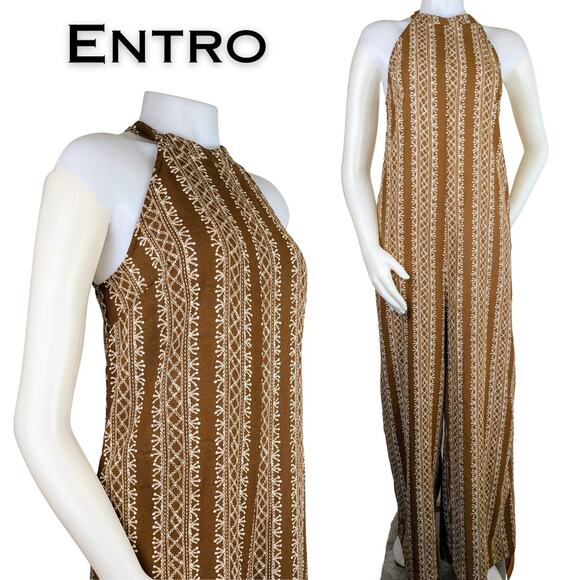 Entro Brown Ivory Tribal Stripe Wide Leg Jumpsuit Halter Neckline Size Medium - Picture 1 of 12